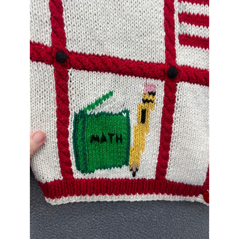 Vintage The Eagle's Eye Hand Knit Teacher School Cardigan Sweater Cream Red 1993 - Picture 5 of 16